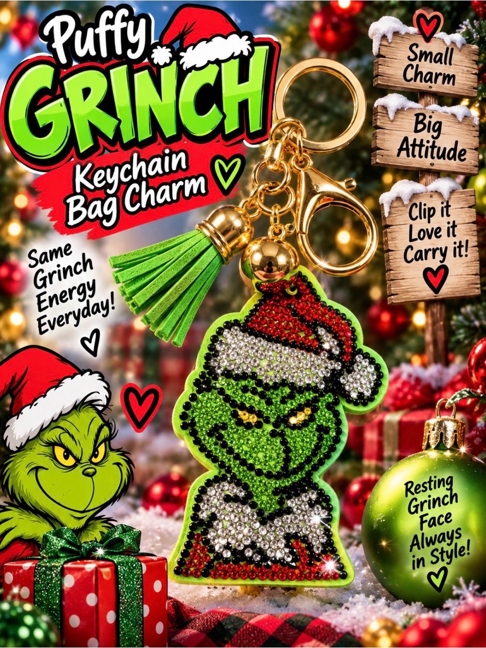 Puffy Christmas Grinch Keychain Bag Charm in Green with Gold Hardware